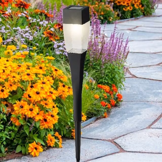 Lumineo Solar Powered Square LED Garden Pathway Stake Light with Dusk Sensor in Black and Warm White
