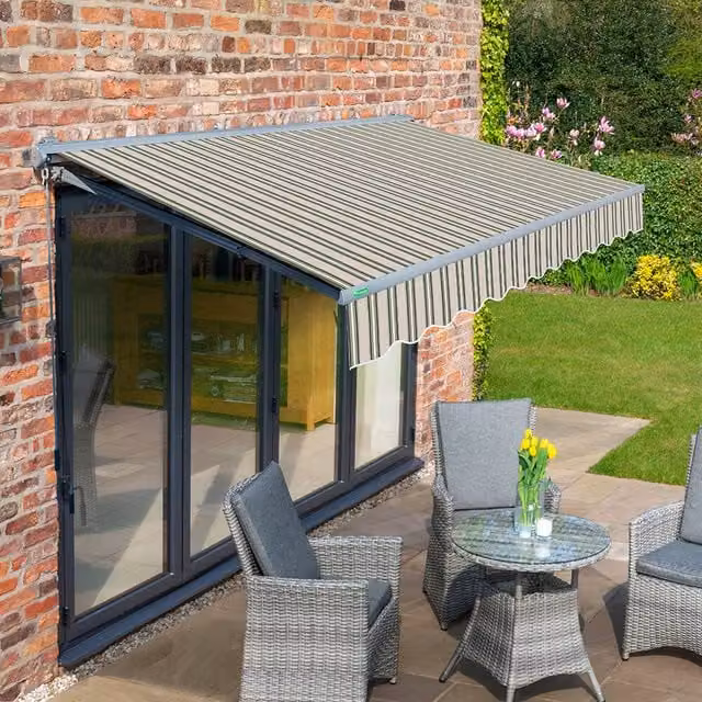 Primrose Semi-Cassette Electric Retractable Motorised Awning with Multi-Stripe Fabric and Charcoal Aluminium Frame, 3m