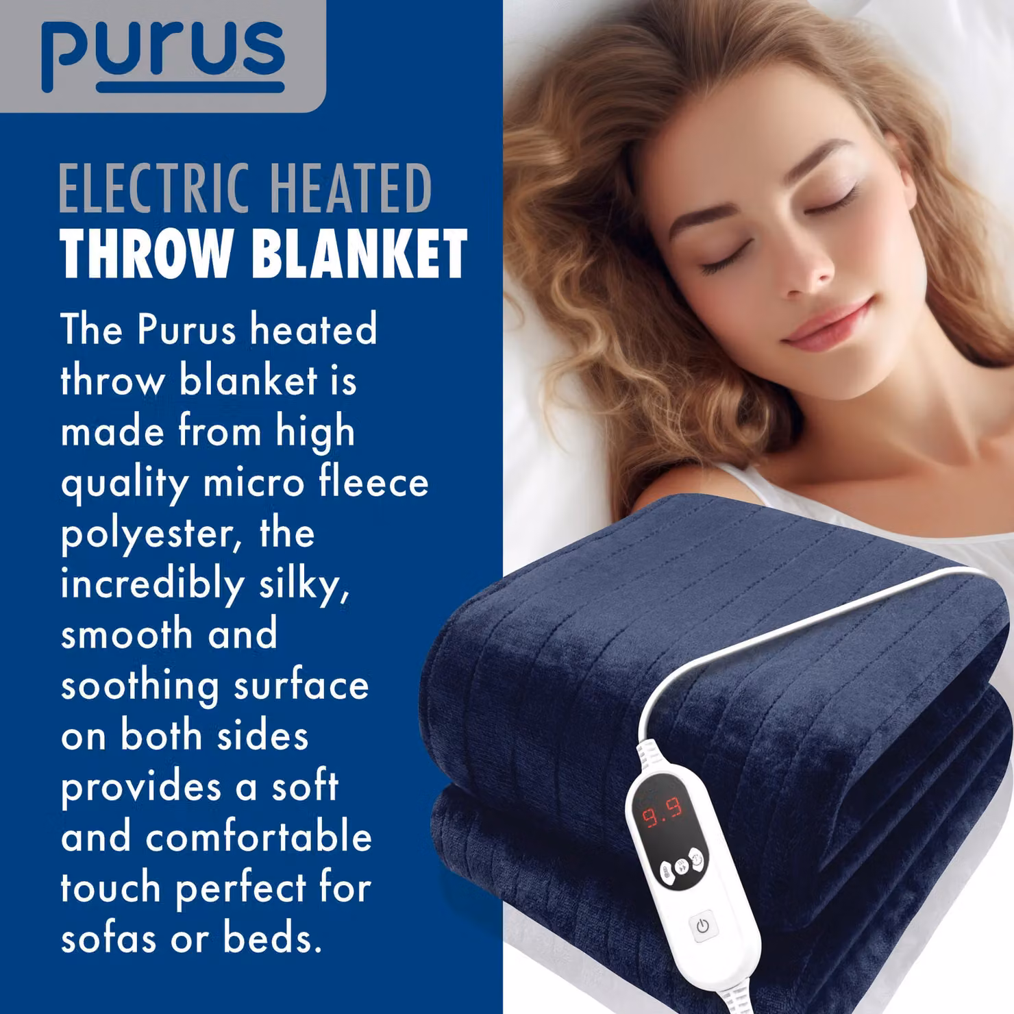Purus Deluxe XL Navy Blue Electric Heated Double Over Blanket with Soft Fleece and Variable Heat and Timer Settings – 5