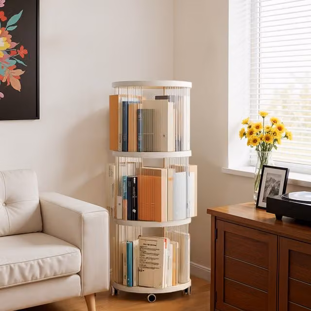 Livingandhome 3-Tier Round Plastic Bookshelf with Castor Wheels, White