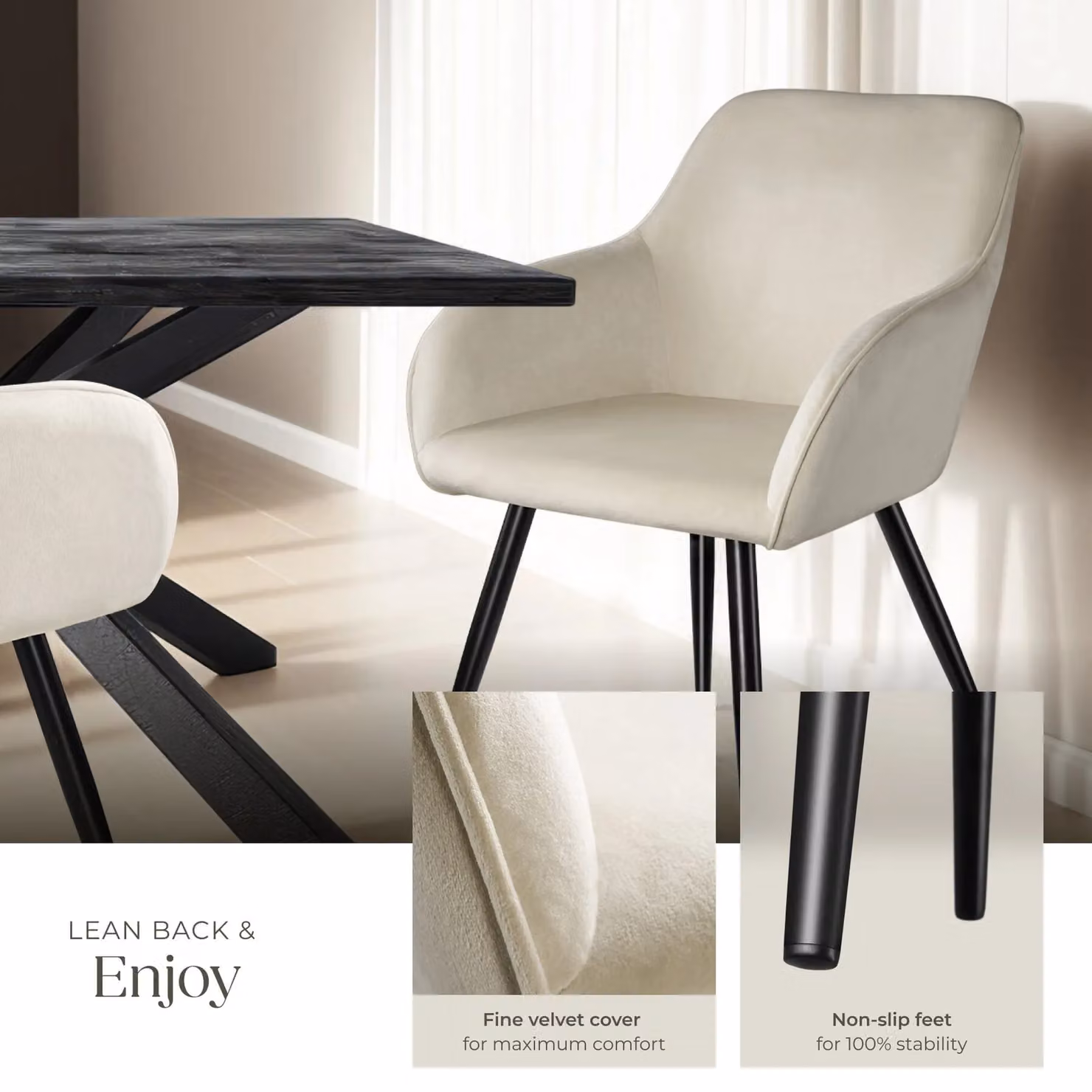 tectake Marilyn Set of 6 Velvet Dining Chairs in Cream and Black – 3