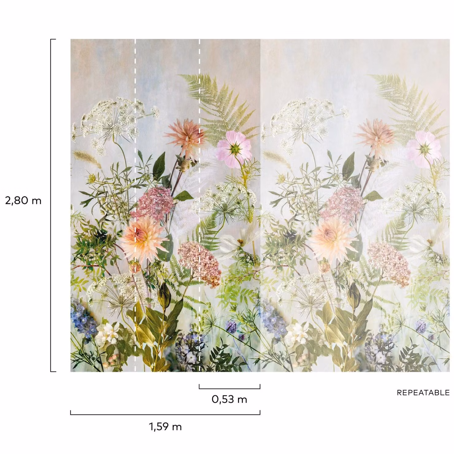 Grandeco Meadow Floral Textured Vinyl Mural in Green, Blue and Multicolour, W: 280 cm, H: 159 cm – 2