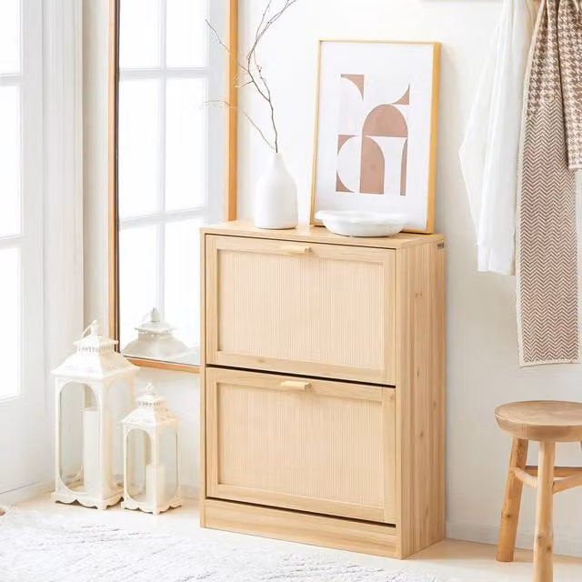 SoBuy Scandinavian Style Slim Shoe Cabinet with Tilting Compartments and Rattan Details, Natural and White, W/D/H: 60 x 60 x 80 cm