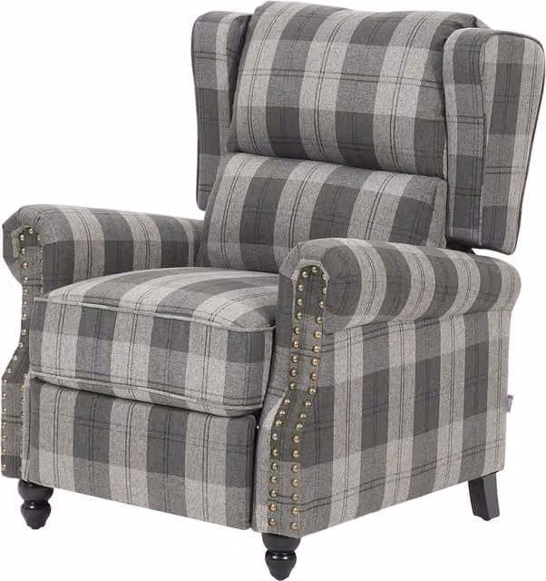 Livingandhome Grey Checked Fabric Upholstered Pushback Armchair