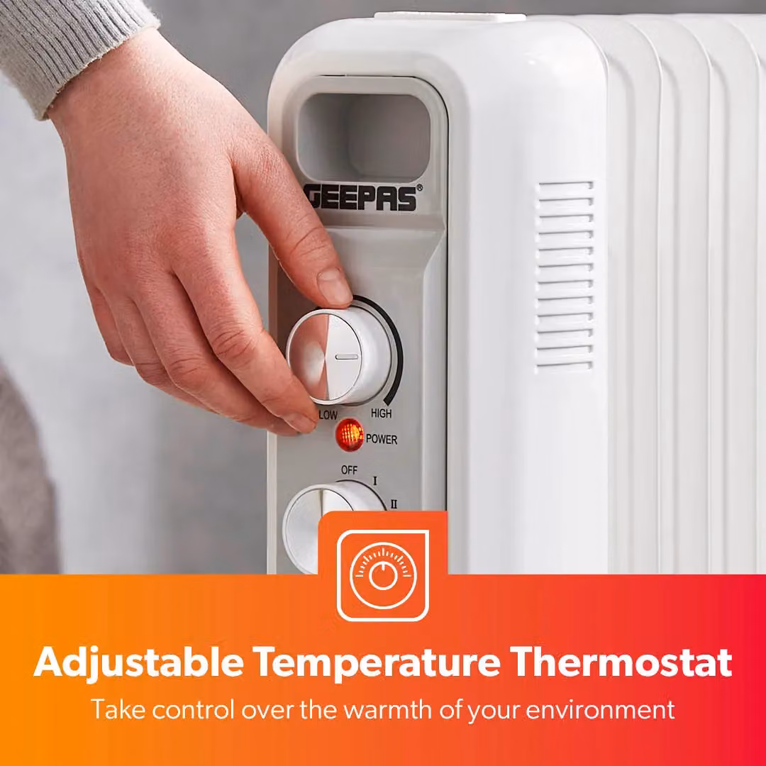 Geepas 11 Fin Oil Filled Radiator Heater with Adjustable Thermostat, Overheat and Tilt Protection, White, H 66 x W 35 x D 17 cm – 2