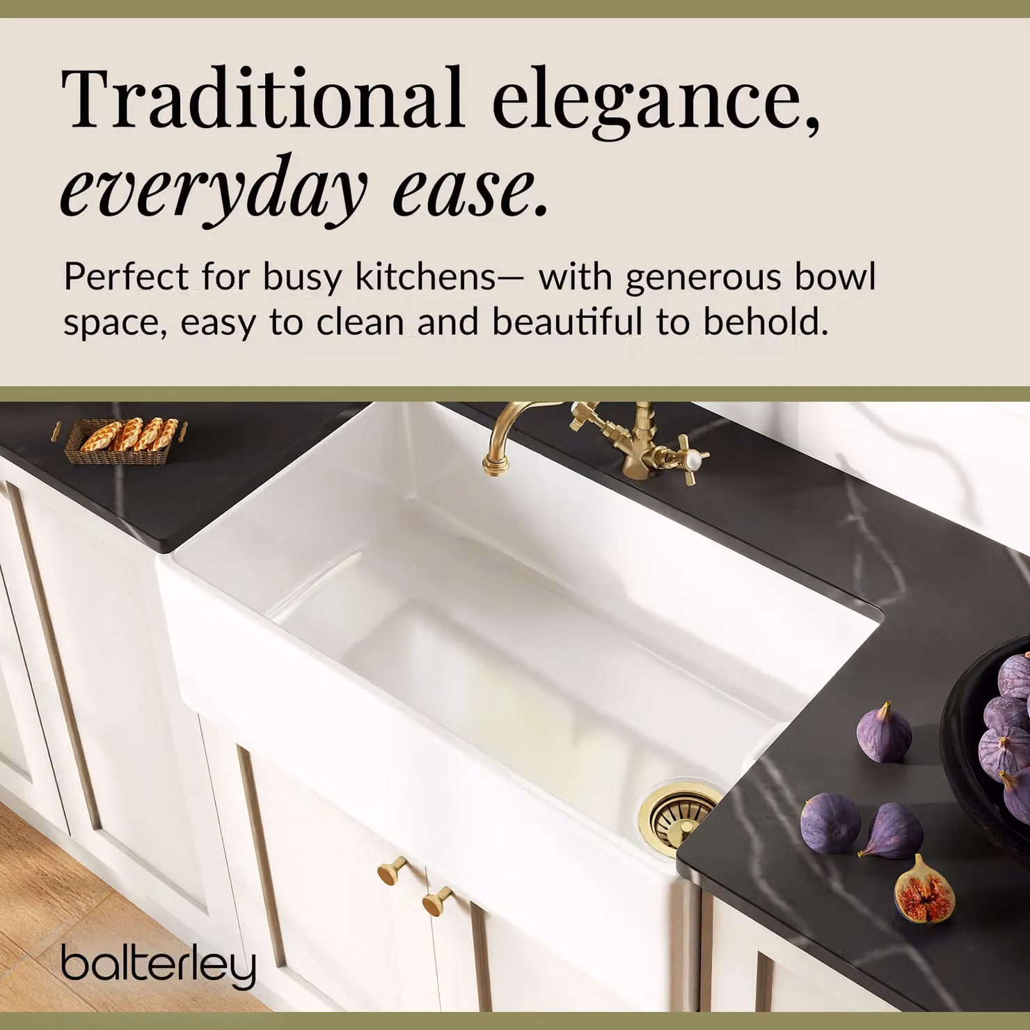 Balterley White Ceramic 1 Bowl Belfast Sink with Brushed Brass Strainer Waste and Tap, W: 795 mm – 2