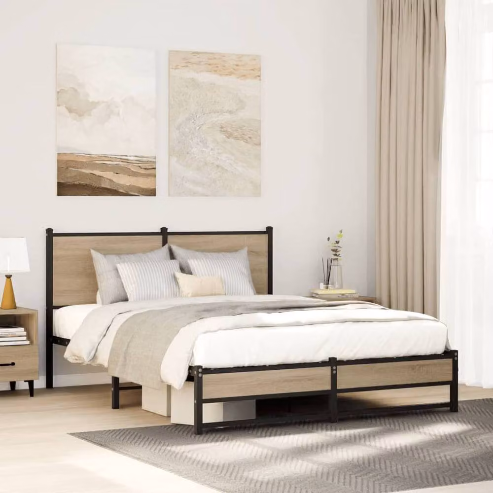 Berkfield Home Metal Bed Frame in Sonoma Oak Brown, W/D/H: 140 x 200 cm – 2