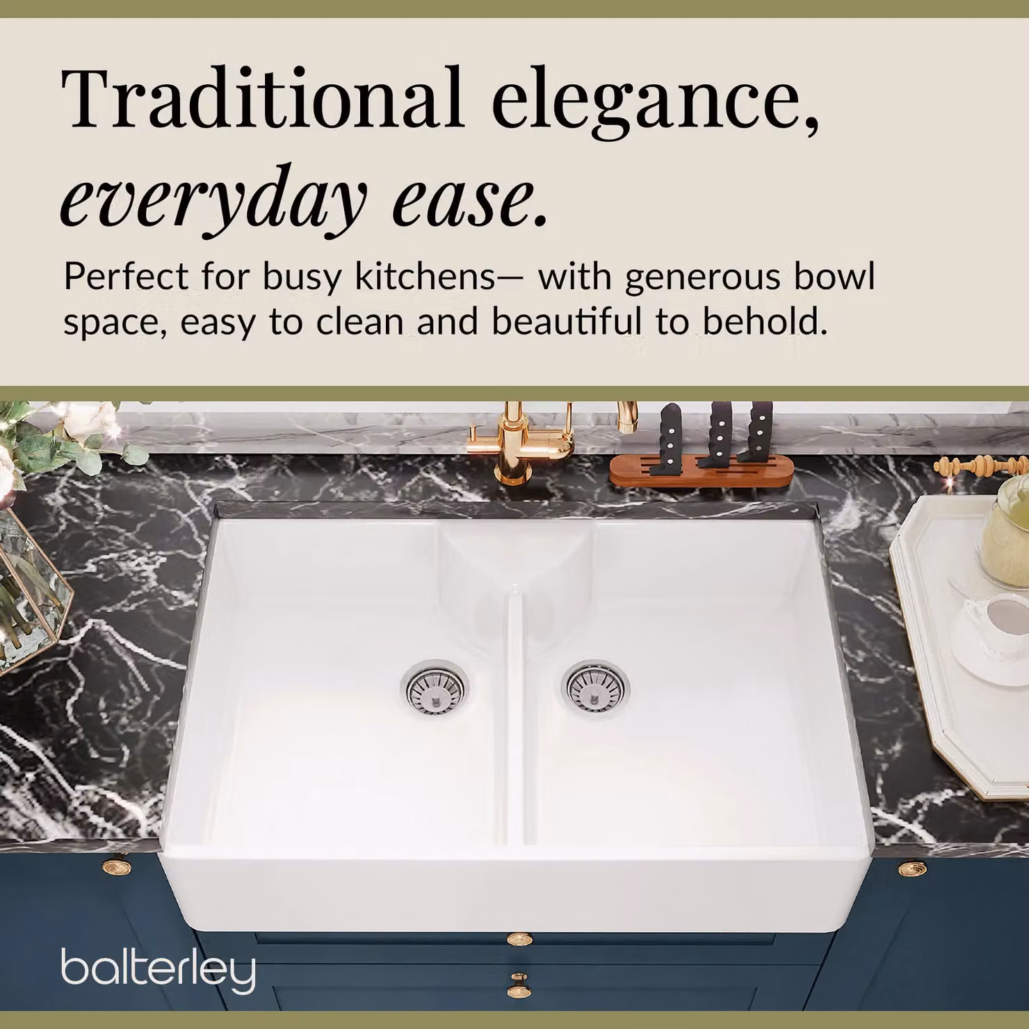 Balterley White Ceramic 2 Bowl Fireclay Butler Sink with Stepped Weir Wastes W/D/H: 89.5 x 55 x 22 cm – 3