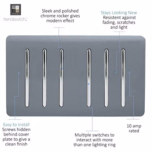 Trendi 6 Gang 2 Way Screwless Raised Front Double Plate Modern Glossy 10 Amp Rocker Electrical Wall Light Switch in Warm Grey and Chrome – 2