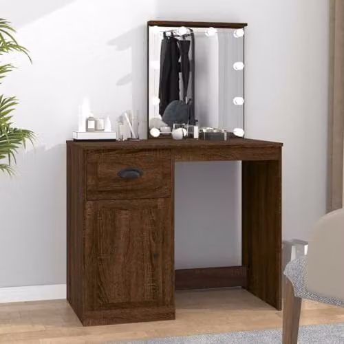 vidaXL Modern Dressing Table with Hollywood LED Lighting in Brown, W/D/H: 90 x 50 x 132.5 cm – 2