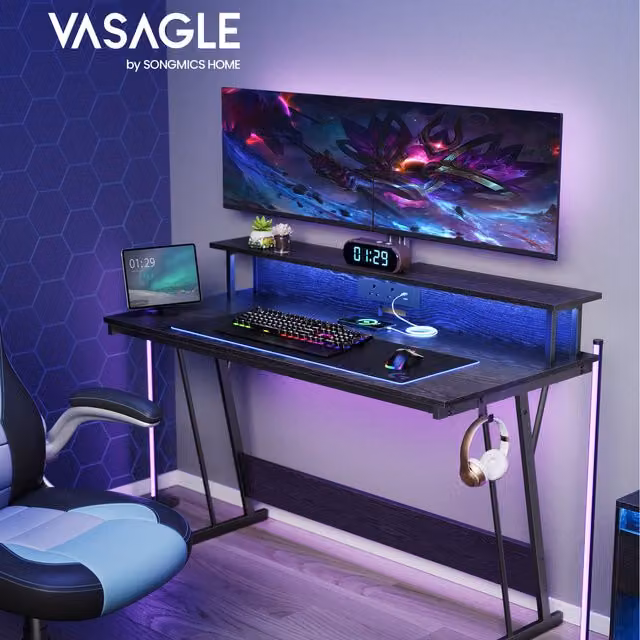 VASAGLE Modern Black LED Gaming Desk