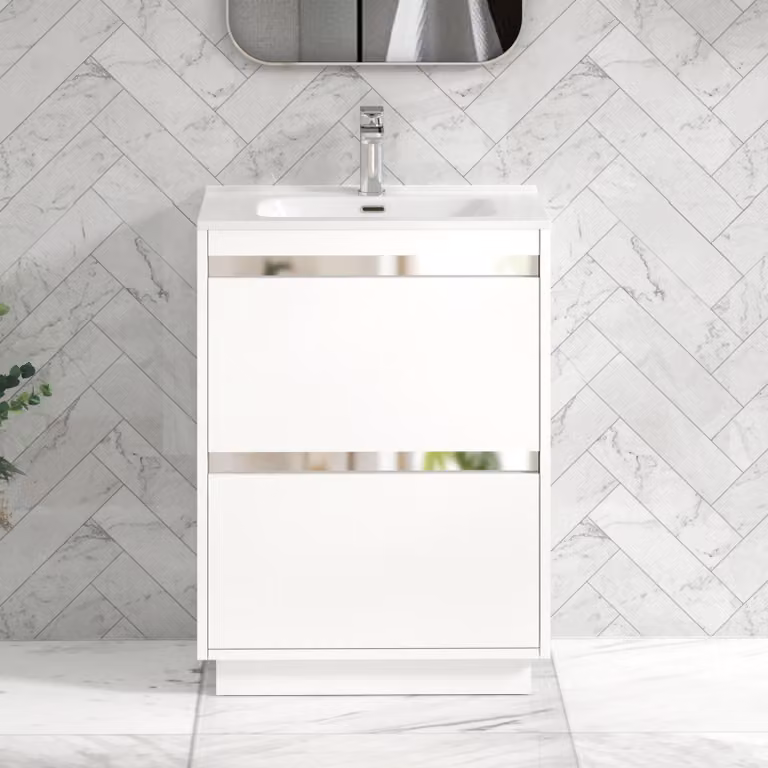 Royal Bathrooms Orion 600mm Matt White 2 Drawer Floor Standing Vanity Unit with Ceramic Basin and Chrome Accent Trim