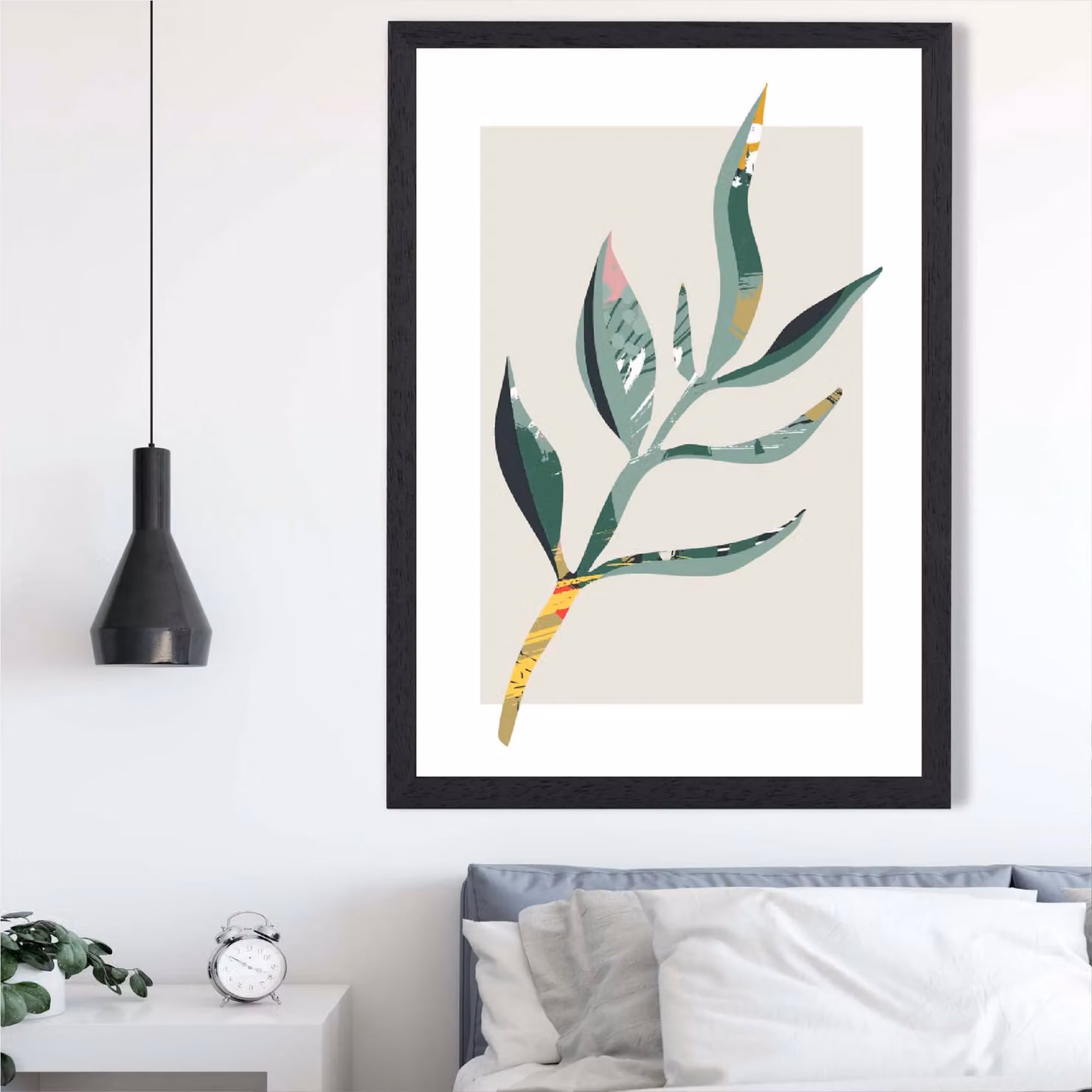 ARTZE Minimalist Papyrus Leaf Botanical Framed Print in Green and Red with Black Frame, A4 – 2