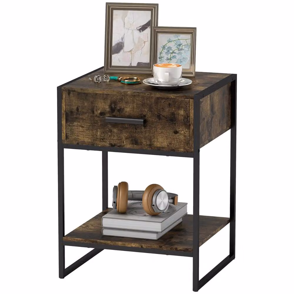 FURNOS Industrial Bedside Table with Drawer and Shelf, Brown and Black, W: 40 cm, D: 40 cm, H: 60 cm – 6