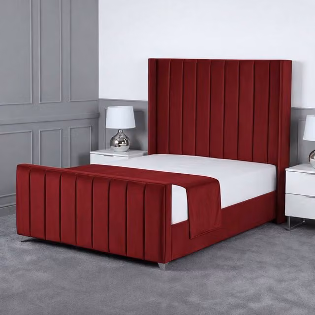 Living Comfort Bedz Imperial Winged Gas Lift Storage Upholstered Bed in Red Velvet, Double Size (140 x 200 cm)