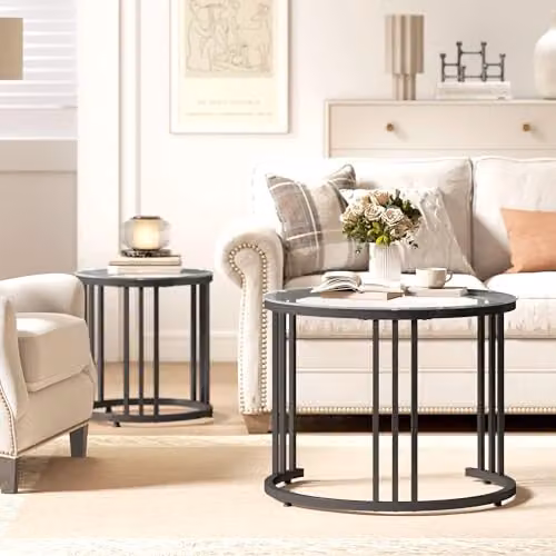 HOMCOM Set of 2 Round Nesting Coffee Tables with Black Tempered Glass Tops – 7