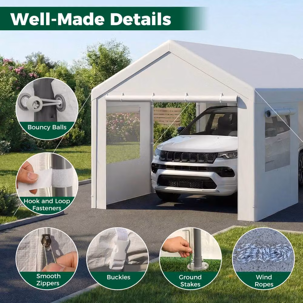 Costway White Car Canopy Carport with Roll-Up Windows and Removable Doors, W: 304.8 cm, D: 280 cm, H: 579.1 cm – 4