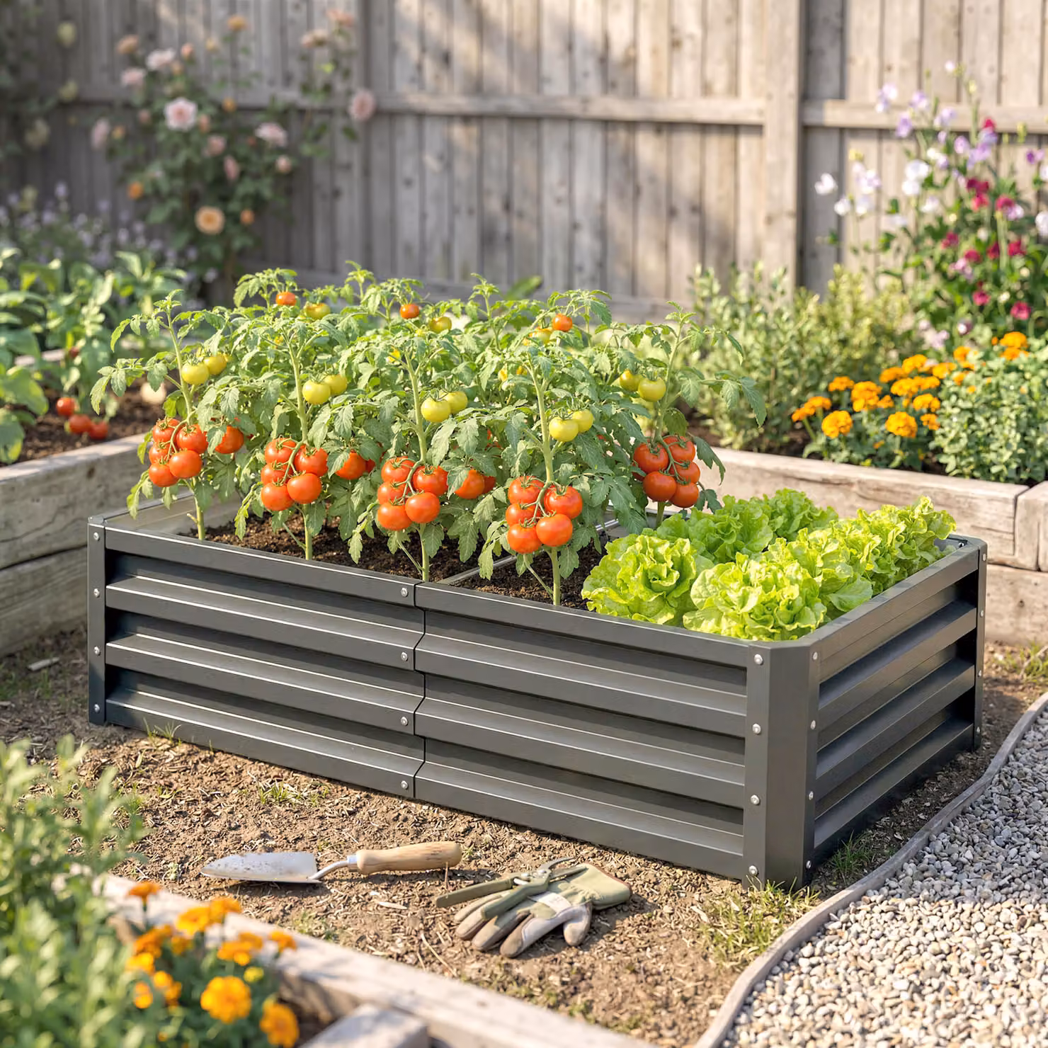 Outsunny Galvanised Steel Raised Garden Bed for Herbs and Vegetables, Light Grey, W/D/H: 60 x 60 x 30.5 cm – 7