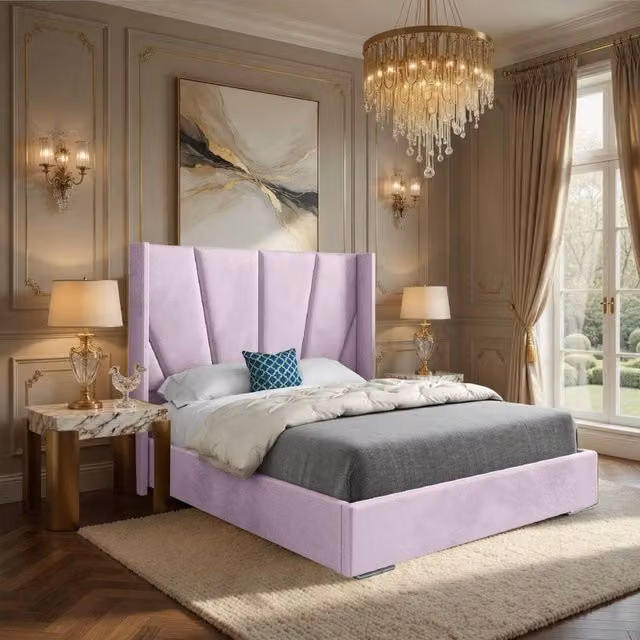 Casani Falmouth Super King Upholstered Designer Bed Frame in Pink Soft Velvet, W/D/H: 200 x 137 x 189 cm