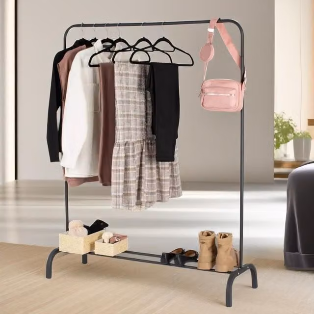 FURNOS Heavy Duty Metal Clothing Rail with Storage Shelf in Black, W/D/H: 150 x 40 x 110 cm