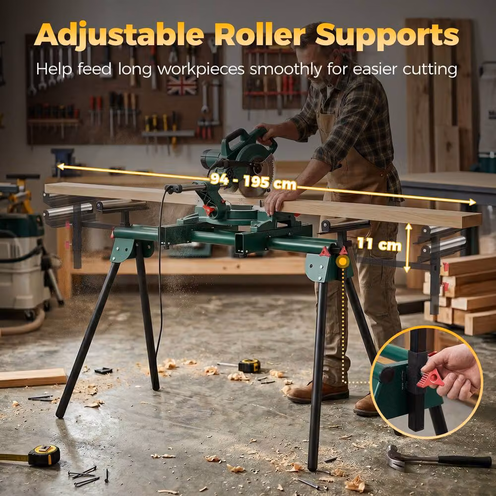 HOMCOM Universal Mitre Saw Stand with Adjustable Rollers and Support Arms in Green – 4