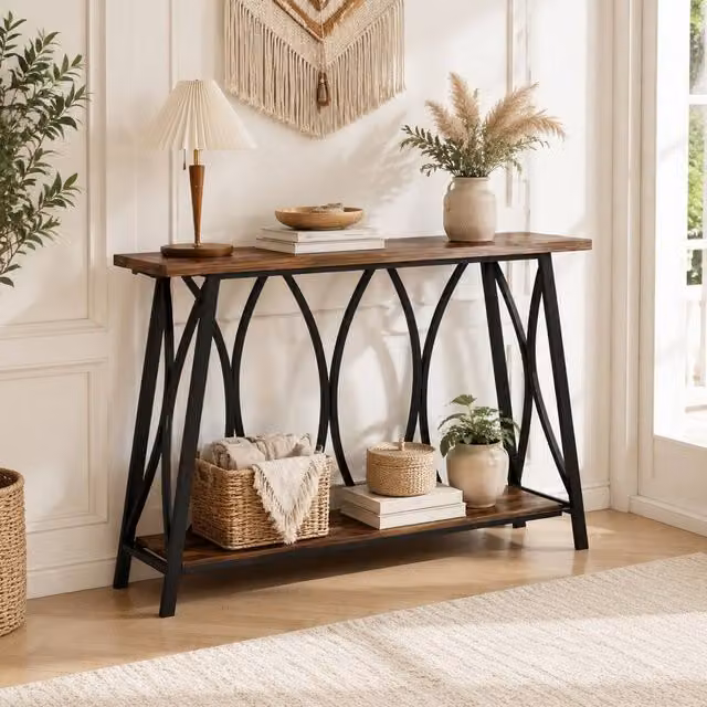 STILVORA Industrial Console Table with Storage in Dark Brown and Black
