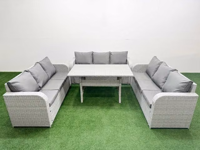 Fimous 9 Seater PE Rattan Garden Furniture Set with Rectangular Dining Table and 3 Seater Sofa in Light Grey