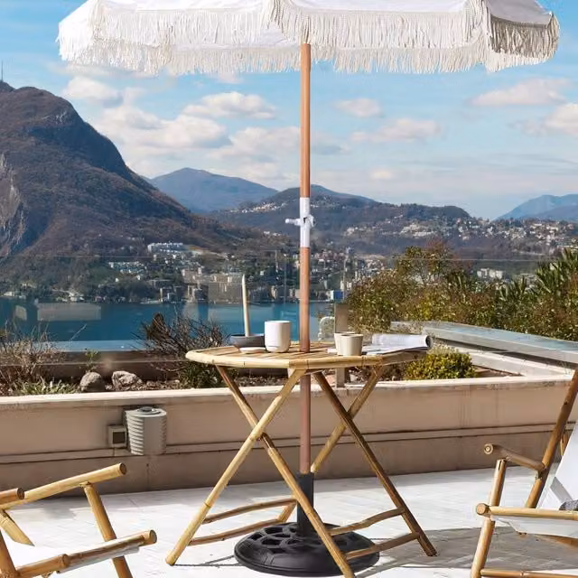 Wyld and Coco Round Tilting Parasol with White Polyester Canopy and Beech Wood Pole, Diameter: 150 cm, Height: 210 cm