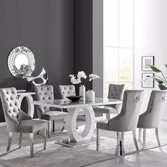 FurnitureboxUK Giovani 6-Seater Grey Glass Rectangular Dining Table and 6 Belgravia Velvet Dining Chairs – 1