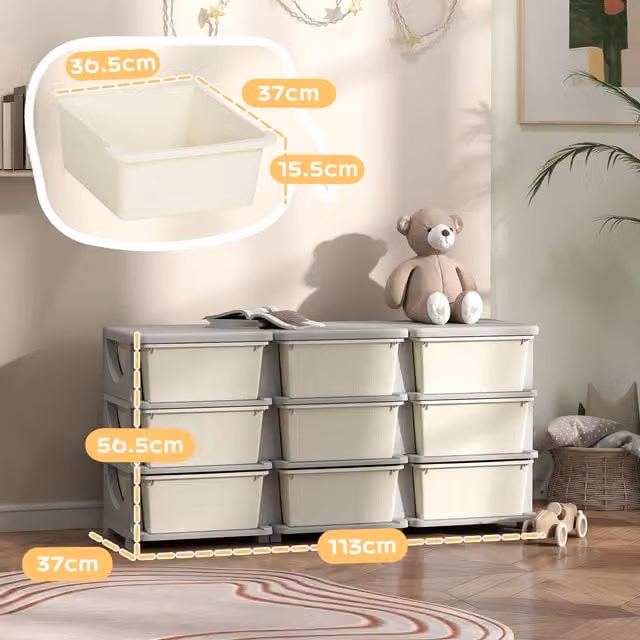 HOMCOM Kids 3 Tier Storage Chest with Drawers in Cream and White