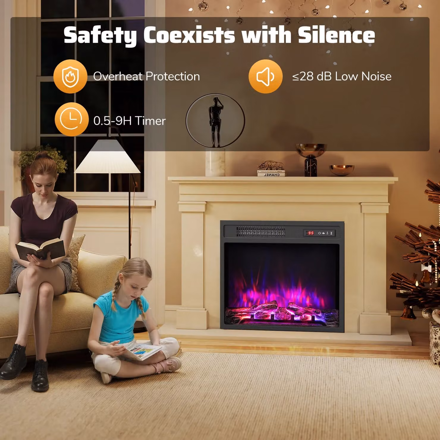 Costway 20 inch Electric Fireplace Insert with 750W/1500W Heater and 9H Timer, Black – 8