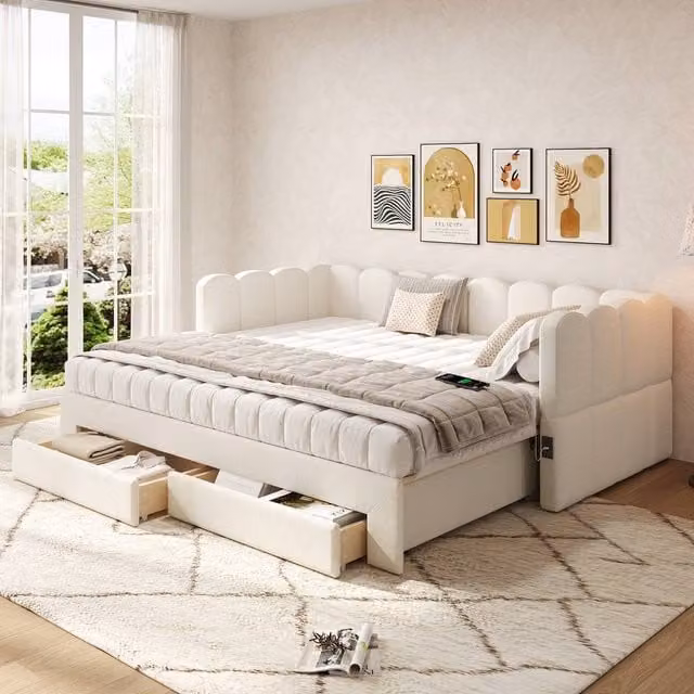 Matteo Beige Linen Upholstered Single Daybed with Storage Drawers and USB Charging Port, W/D/H: 190 x 90 x 73 cm – 1