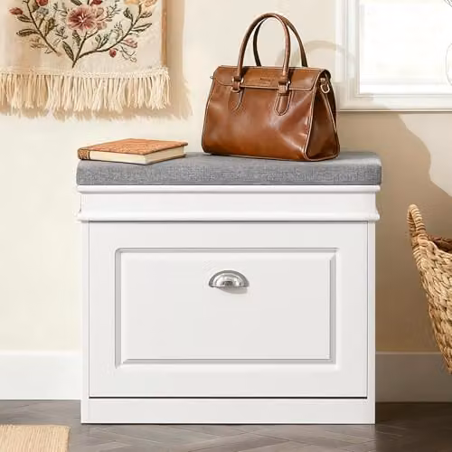 SoBuy Shoe Storage Bench with Seat Cushion in White, featuring a 2-Tier Rack and Flip Drawer for Hallway Storage, W/D/H: 60 x 24 x 51 cm – 2