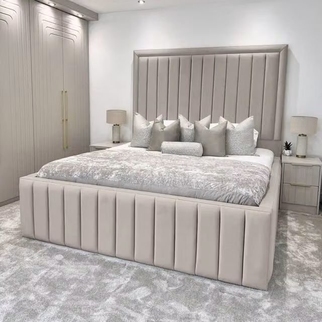 Living Comfort Bedz Hampton Upholstered Slatted Base Bed with 54-Inch Panel Headboard in Grey, W/D/H: 180 x 200 cm
