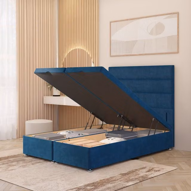 Somnior Beds Ltd Horizona King Size Storage Ottoman Bed with 54 Inch Floor Standing Velvet Headboard in Navy Blue
