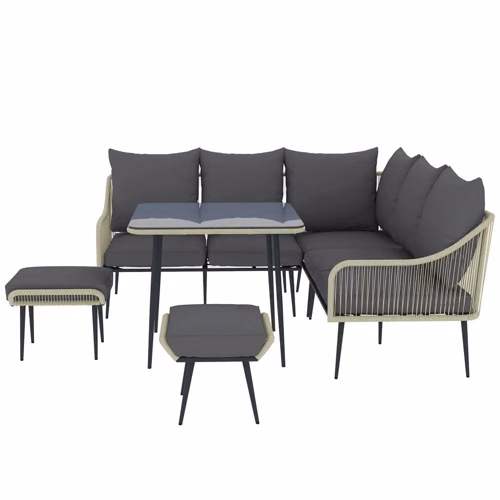 ERGOVEXA Six-Piece L-Shape Rattan Garden Sofa Set in Grey with Upholstered Cushions and Powder Coated Steel Frame – 3