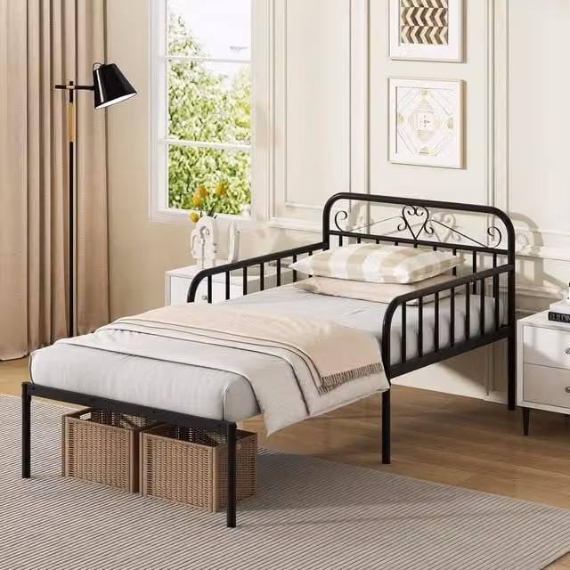 Gymax Extendable Single Metal Daybed Frame with Trundle and Slats Support in Black, W: 90 cm, L: 200 cm – 1