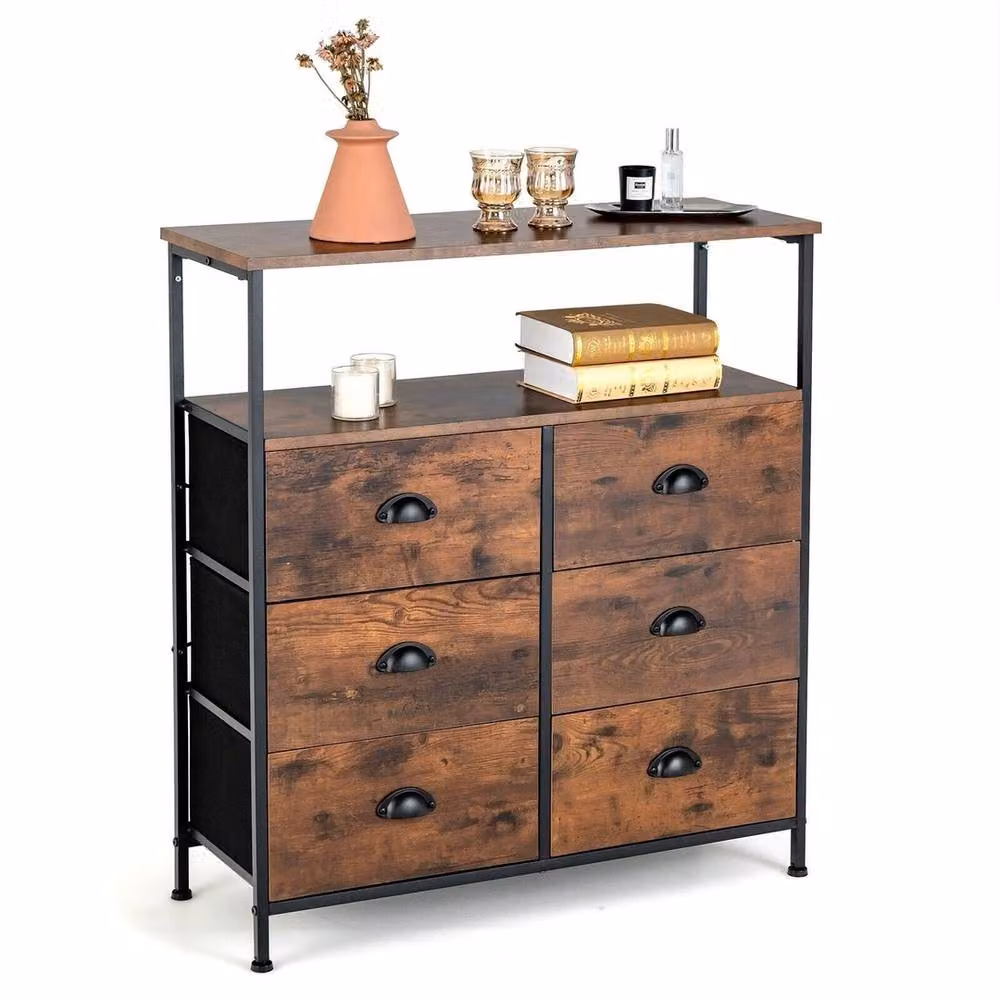 VOGREX 6 Drawer Fabric Storage Dresser Chest in Brown – 3