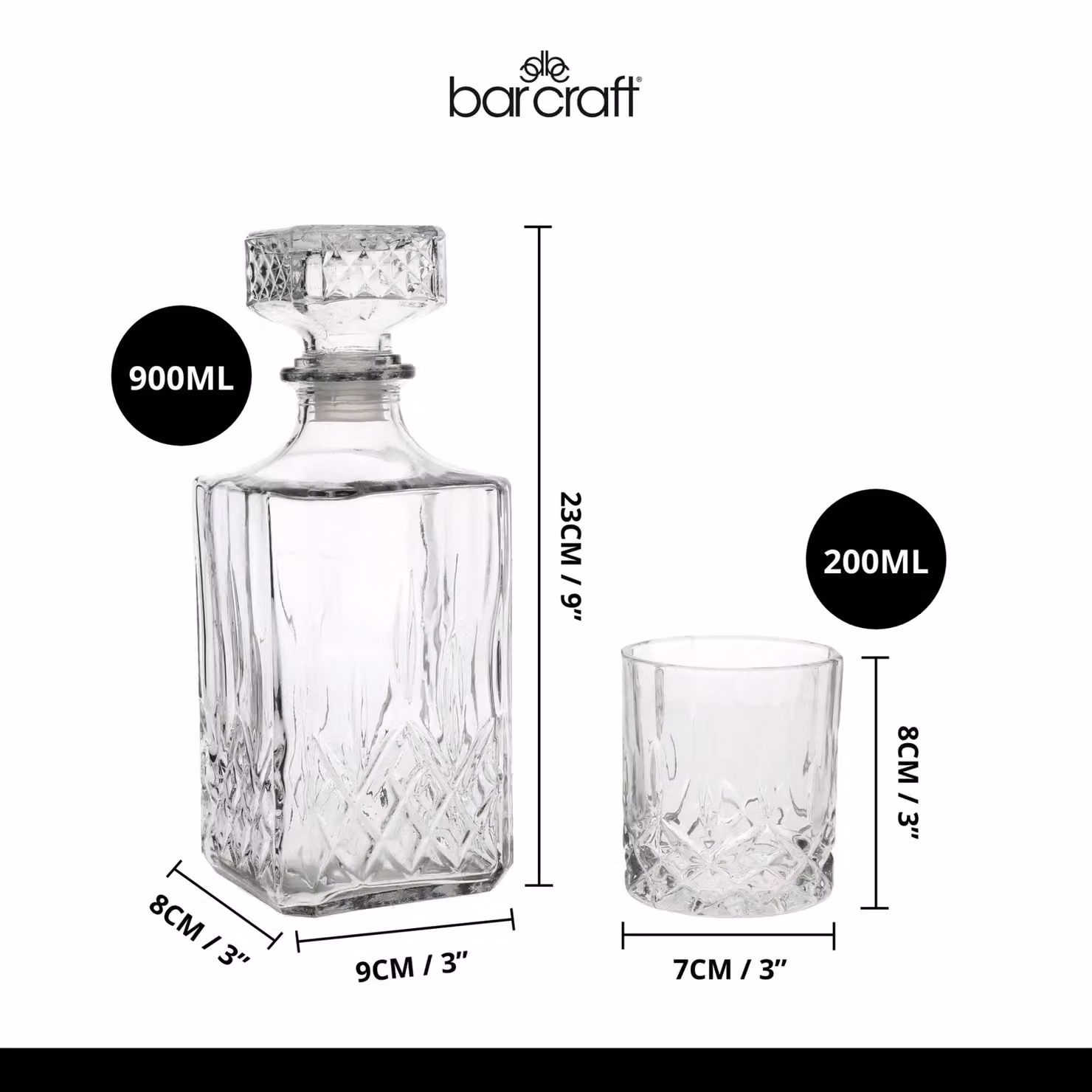 BarCraft Geometric Cut Glass Decanter Set with Stopper in Transparent – 3