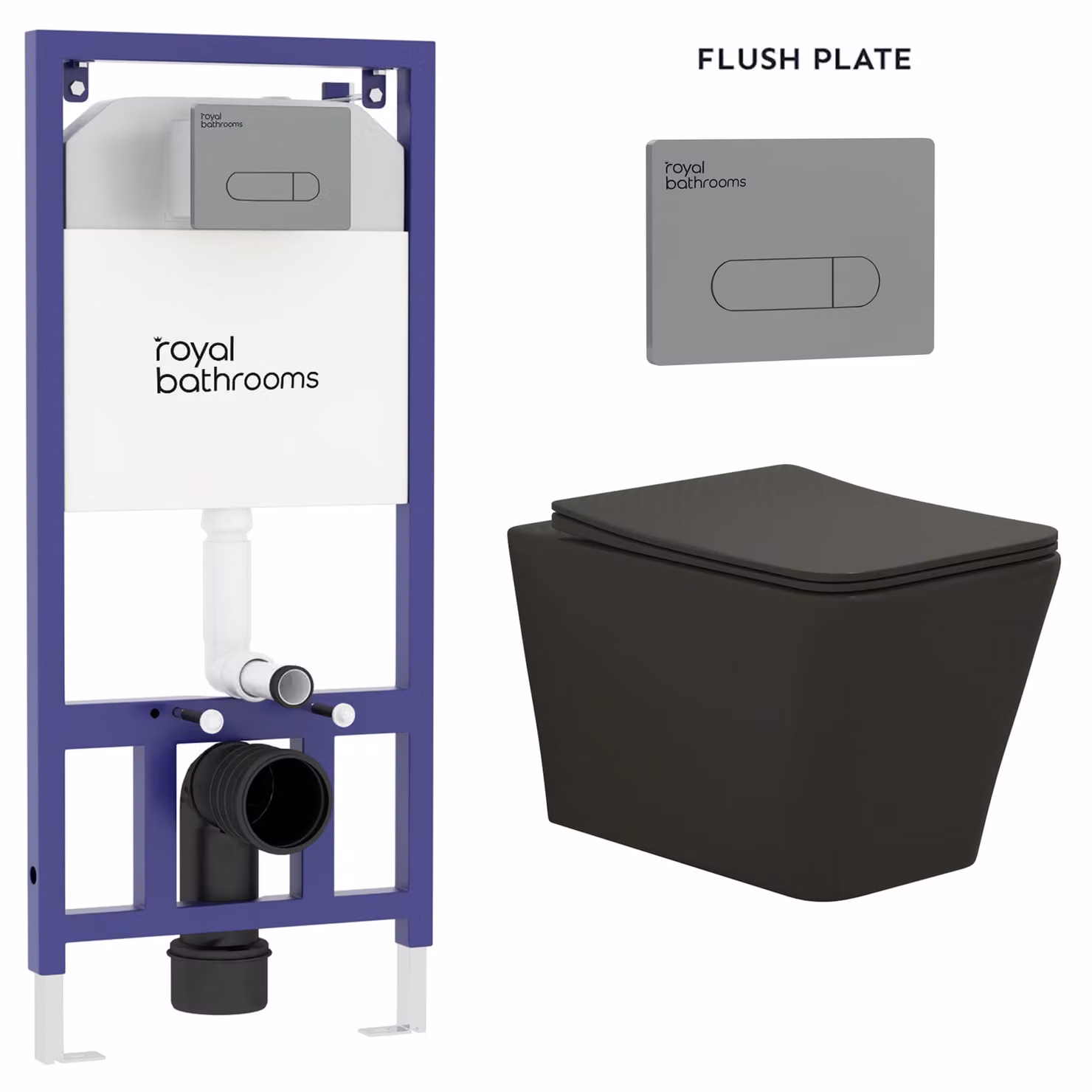 Royal Bathrooms Elena Matt Black Wall Hung Rimless Ceramic Toilet with Slim Soft Close Seat and Aqua Gun Metal Plate Wall Hung Frame