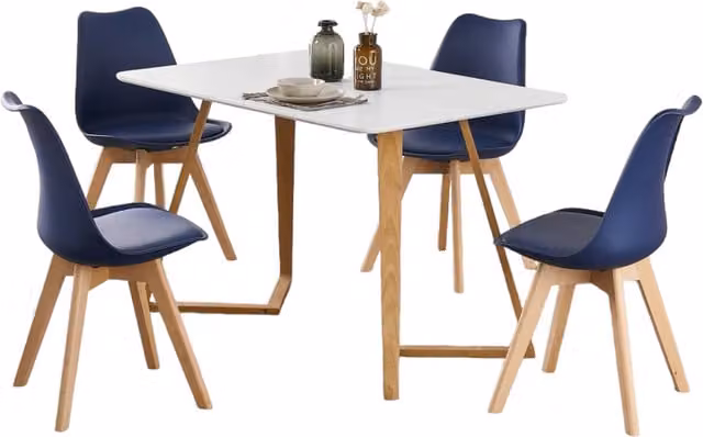 Life Interiors Lorenzo Dallas Scandinavian Dining Set with Rectangular Table and 4 Blue Chairs in Birch Wood and Faux Leather