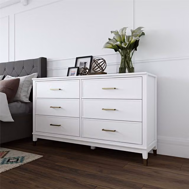 Dorel Home Modern Lacquered White and Gold Freestanding Bedroom Dresser