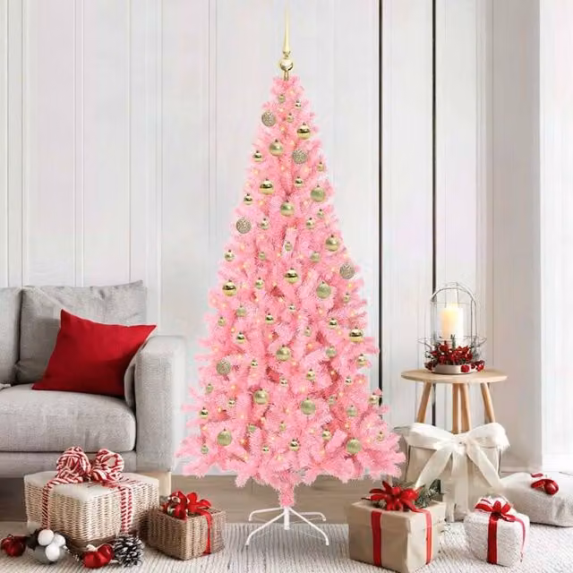 Berkfield Home Pink PVC Christmas Tree with 300 LEDs and Stand, Height: 180 cm – 1