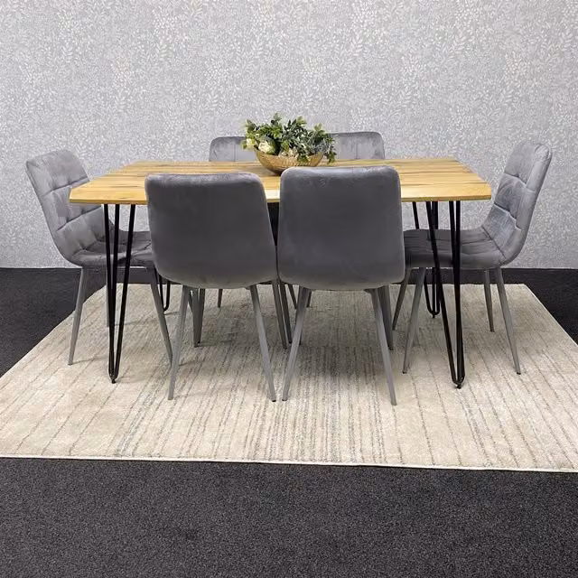 Kosy Koala Rustic Wood Dining Set with 6 Chairs and Rectangular Table in Grey and Black, W: 140 cm