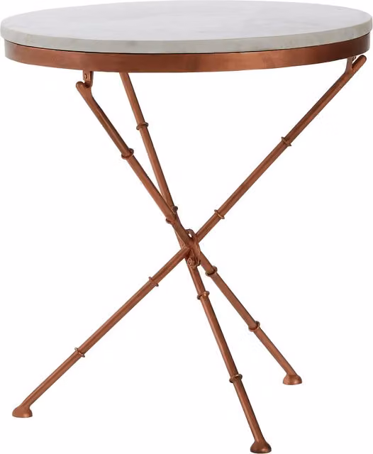 Orsina Round Marble Side Table with White and Copper X-Frame Base