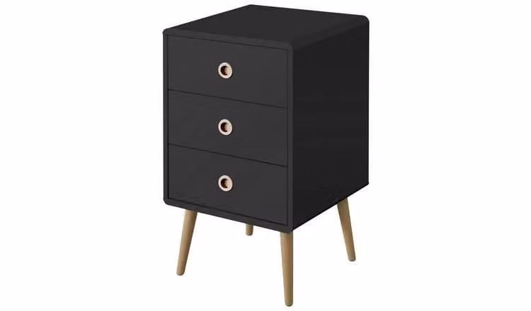 Softline 3 Drawer Black Nightstand Bedside Cabinet for Bedroom Storage