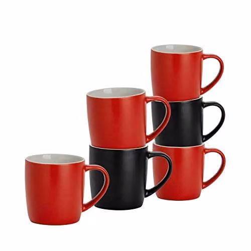 Argon Tableware Matte Ceramic Stoneware Coffee Mugs, Black and Red, 350ml, Pack of 6