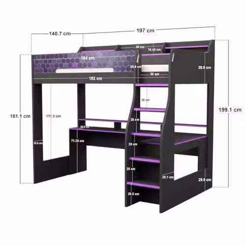 Flair Furnishings Ultimate Violet Gaming High Sleeper in Purple and Black, W/D/H: 120 x 200 x 148.61 cm – 2