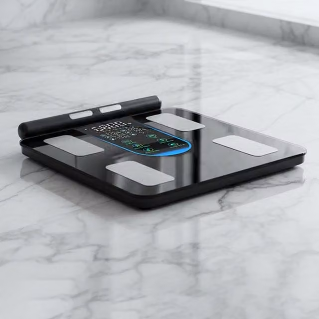 Centra Smart Body Fat Scale with Handle in Black featuring Tempered Glass and Bluetooth App Control