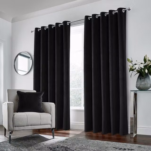 Enhanced Living Blackout Velvet Eyelet Curtains, Black, Width: 229 cm, Height: 275 cm